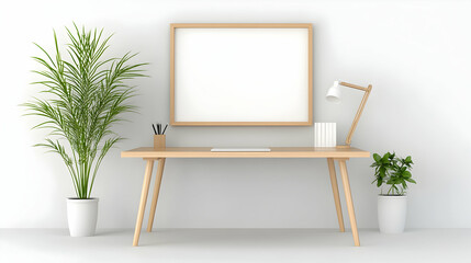 Home office setup with desk, plants, and blank frame for mock-up presentation. Generative AI