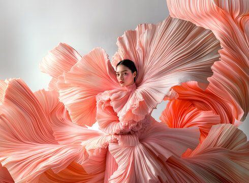 Fashion editorial Concept. Dark hair freckled girl of high fashion couture tulle flowing conceptual and pleats petal like peach pink bridal angel dress. dynamic composition lighting. copy text space	
