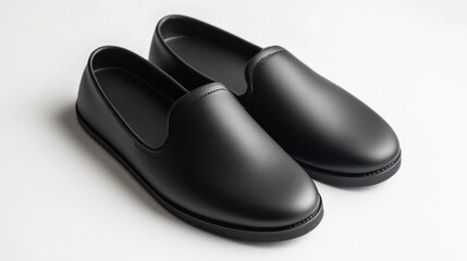Pair of black slip-on shoes on white background.  Possible use footwear catalog