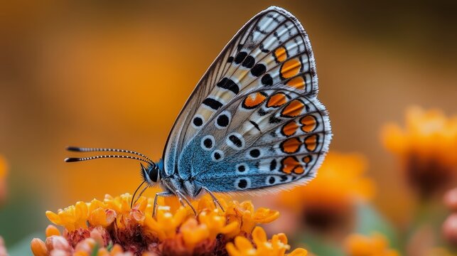 Blue butterfly on orange flower, garden background, nature photography, stock image