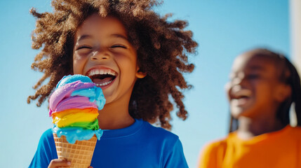 A cheerful child holding a vibrant multicolored ice cream cone on a sunny day. The boy radiates happiness while spending time with a friend outdoors, emphasizing joy and carefree moments.