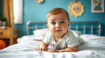Fototapeta premium Cute little baby lying on his stomach in bed at home