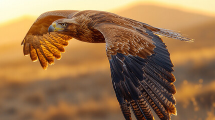 An eagle soaring through the sky symbolizes freedom, strength, and vision, embodying power and independence with its wings spread wide, soaring high above in a bright and modern atmosphere