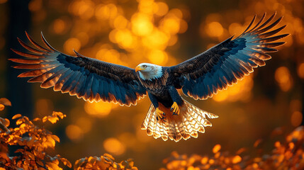 An eagle soaring through the sky symbolizes freedom, strength, and vision, embodying power and independence with its wings spread wide, soaring high above in a bright and modern atmosphere