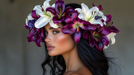 Naklejka premium Woman with floral crown, beauty portrait, neutral background, summer fashion