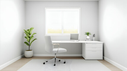 Modern room with a desk, a laptop and plants. Work from home office interior. Generative AI
