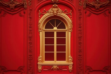 Obraz premium Ornate golden window set in luxurious red paneled wall