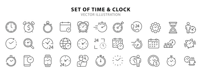Time and Clock set of web icons in line style. Time management. Timer, Speed, Date, Countdown, Alarm, Recovery, Time, clock, watch, calendar simple icons for web and mobile app. Vector illustration