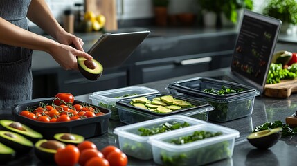 Fresh Meal Preparation with Vegetables and Digital Recipe Assistance