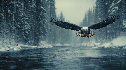 An eagle soaring through the sky symbolizes freedom, strength, and vision, embodying power and independence with its wings spread wide, soaring high above in a bright and modern atmosphere