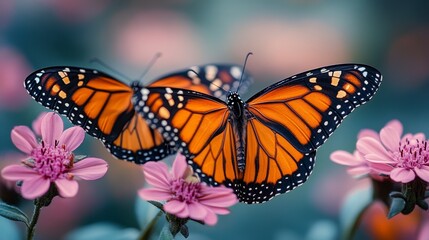 Fototapeta premium Monarch butterflies on pink flowers, garden background, nature scene, spring imagery