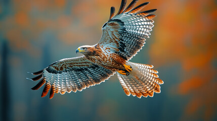 An eagle soaring through the sky symbolizes freedom, strength, and vision, embodying power and independence with its wings spread wide, soaring high above in a bright and modern atmosphere