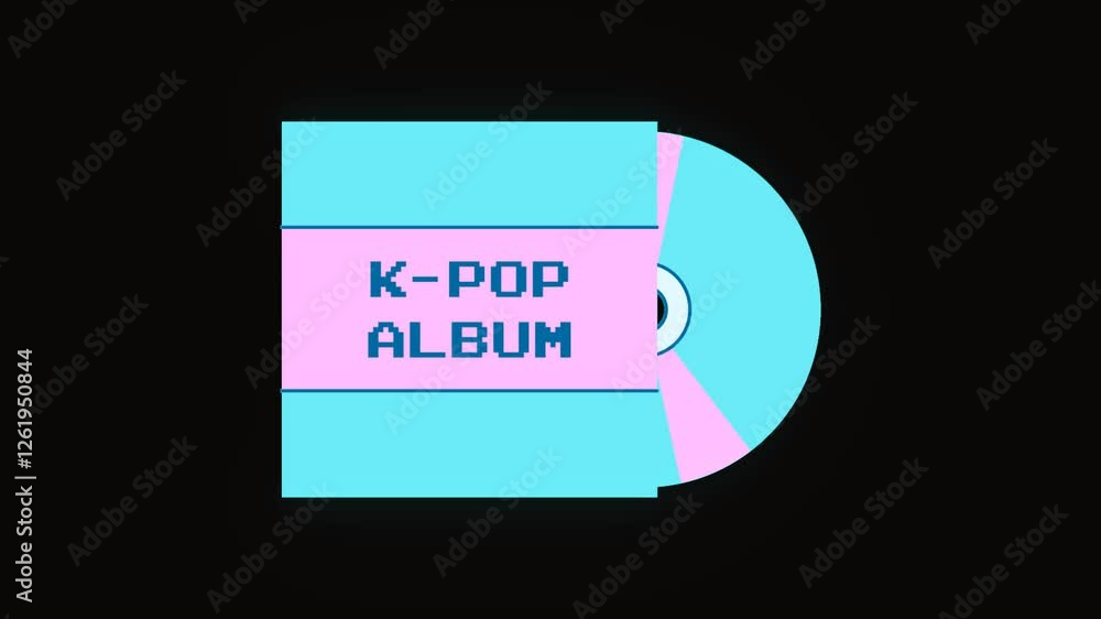 Poster animated k-pop group music album icon with disc with digital pixel scan effect. alpha channel