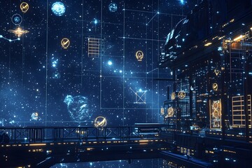 Futuristic Cityscape in the Cosmic Night Sky with Glowing Neon Reflections