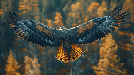 An eagle soaring through the sky symbolizes freedom, strength, and vision, embodying power and independence with its wings spread wide, soaring high above in a bright and modern atmosphere