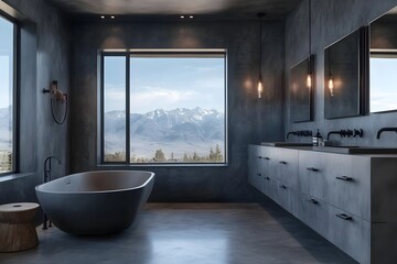 Modern mountain bathroom, concrete walls, panoramic view, soaking tub