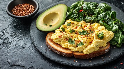 Creamy Scrambled Eggs on Toast with Fresh Leafy Greens and Avocado