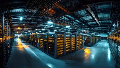 Server room interior, technology infrastructure, illuminated rows, data center