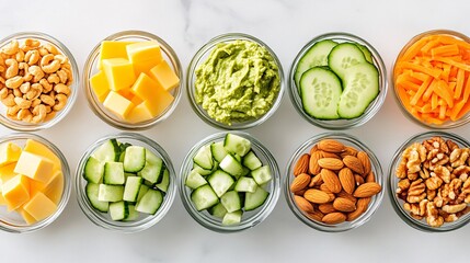 Colorful Healthy Snack Ingredients in Clear Bowls on Marble Background