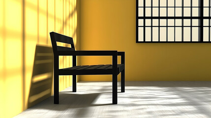 Fototapeta premium Yellow room, black chair, sunlight, window, minimalist interior design, website banner