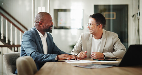 Laughing, men and discussion for teamwork, office and smile for expansion of business or corporate....