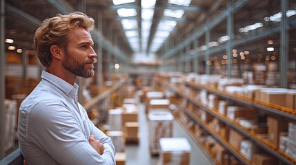 Factory manager observes warehouse operations from the balcony during daytime in an organized logistics environment