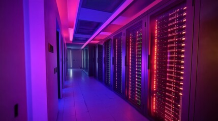 Fototapeta premium Illuminated Server Room with Cybersecurity Data Architecture and Big Data Storage