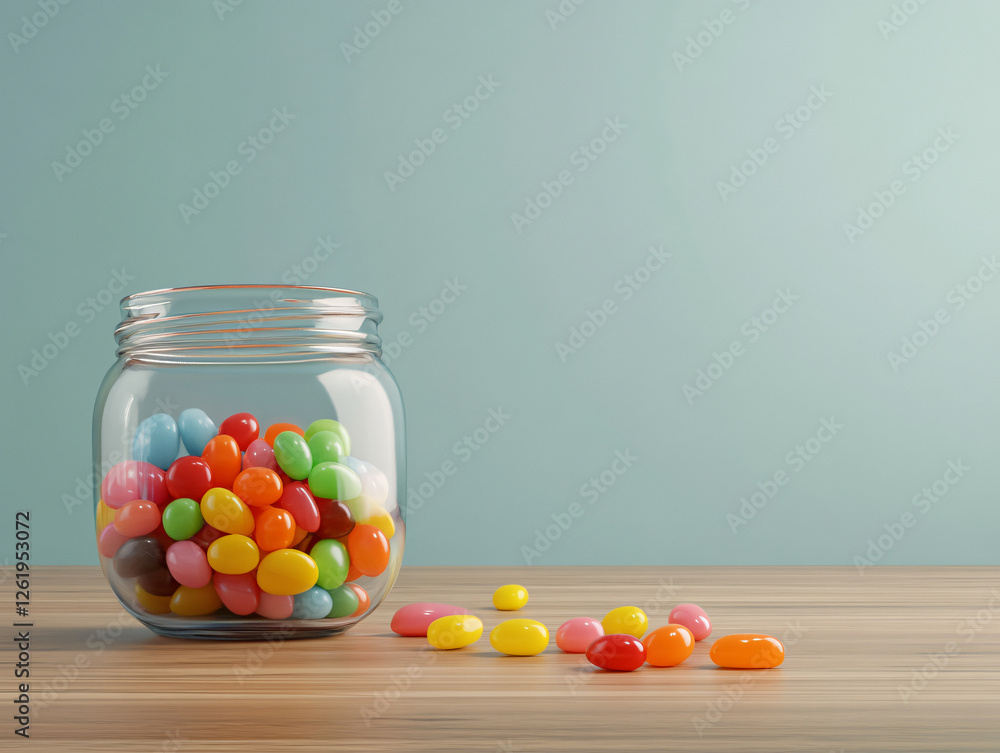 Wall mural Jelly Bean Jar: A glass jar overflowing with colorful jelly beans spills onto a wooden table, against a serene teal backdrop