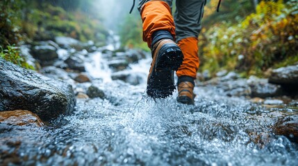 Hiking Adventure in Nature with Water Flowing and Wet Shoes
