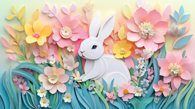 3D Paper Cut Art Featuring Easter Rabbit Surrounded by Flowers