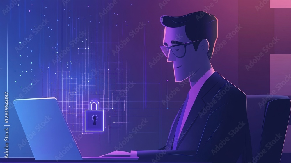 Poster businessman using laptop with digital security elements in background