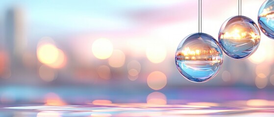 Reflective Glass Spheres Hanging Against a Blurred City Lights Background