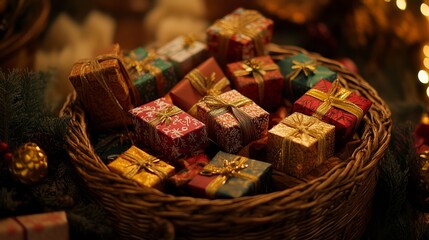 Close Up of a Gift Basket Surrounded by Small Colorful Gifts