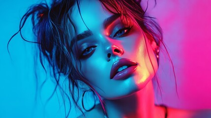 Vivid neon portrait of a woman with striking features and glossy lips