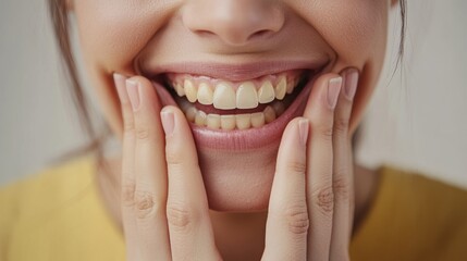 Obraz premium A woman smiles broadly, showing her teeth while gently touching her face, radiating joy and confidence.