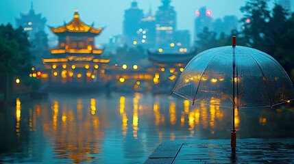 Fototapeta premium Rainy Night in a Chinese City: Tranquil Reflections on the Water