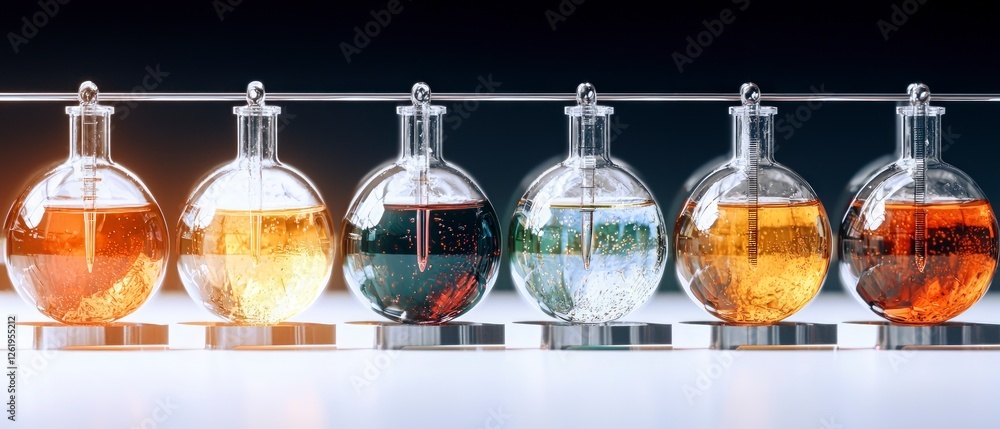 Poster row of glass bottles filled with multicolored liquids in a laboratory setting