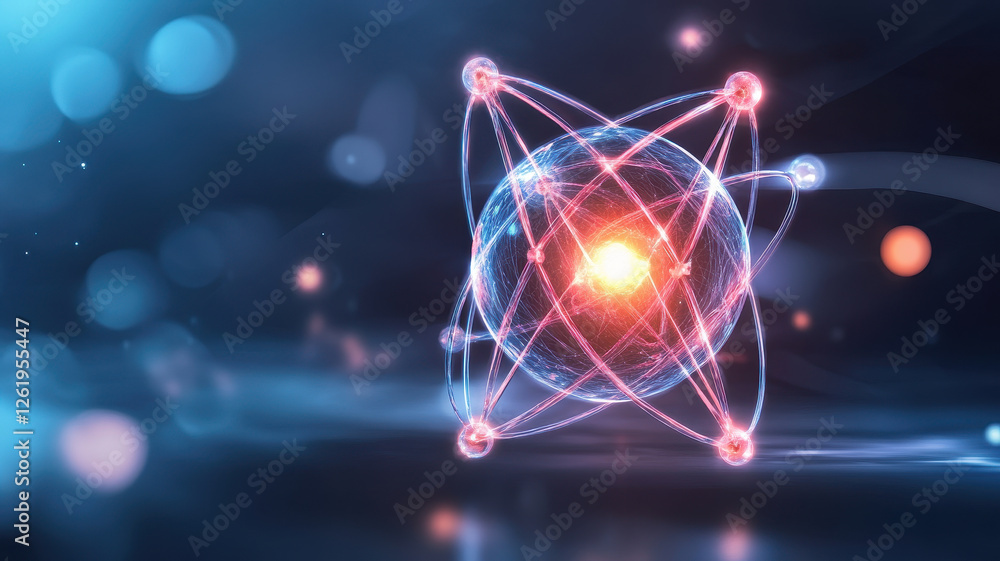 Poster vibrant subatomic structure in flux, showcasing particles in motion