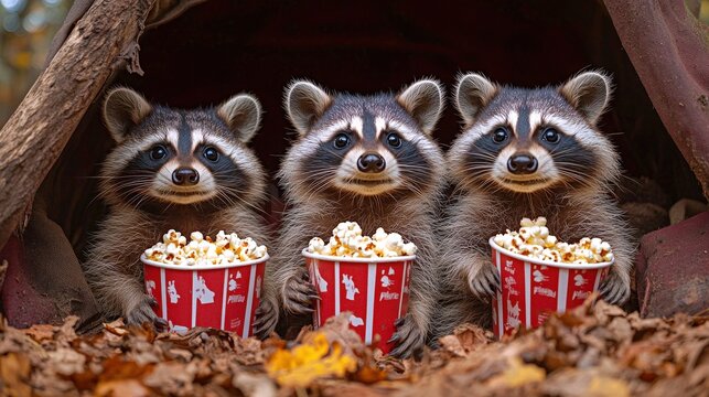 Family of raccoons enjoying popcorn at their cozy movie theater during autumn