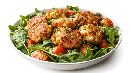 Fototapeta premium Healthy Maryland Crab Cakes Served on a Fresh Salad with Tomatoes and Greens