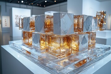 Contemporary art installation with geometric glass cubes in modern gallery setting