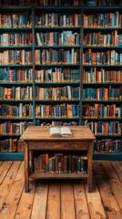 Fototapeta premium Rustic Wooden Table Amidst Vintage Bookshelves in a Dark Blue Library
