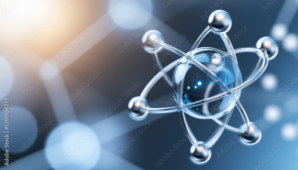 Poster atomic structure forming intricate patterns with soft blue hues and metallic elements, showcasing be