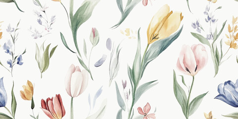 Watercolor floral vector pattern tile featuring flowers tulips and leaves on white, Traditional hand painted whimsical seamless print with an abstract design