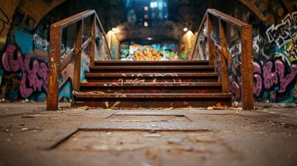 Fototapeta premium Rusty Metal Stairs with Graffiti in a Dark Urban Tunnel