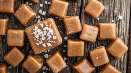 Salted Caramel Candy Cubes on Rustic Wooden Background