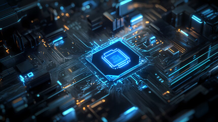 Blue Glowing Circuit Board with Central CPU