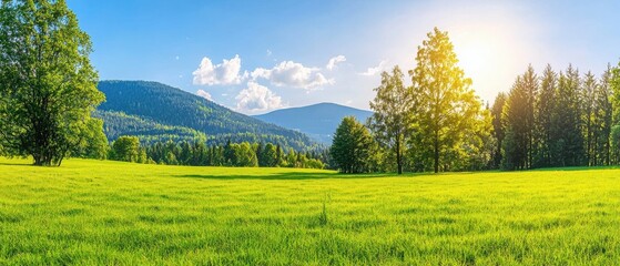 A serene landscape featuring lush green fields, trees, and rolling hills under a bright blue sky with soft clouds and a warm sunlight.