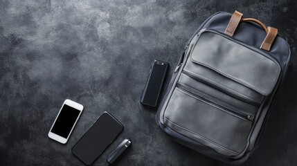 A stylish backpack with smartphones and a pen arranged on a textured surface.