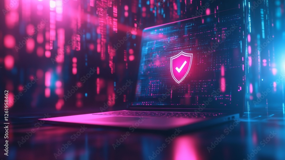Poster laptop displaying warning icon with shield symbol on screen